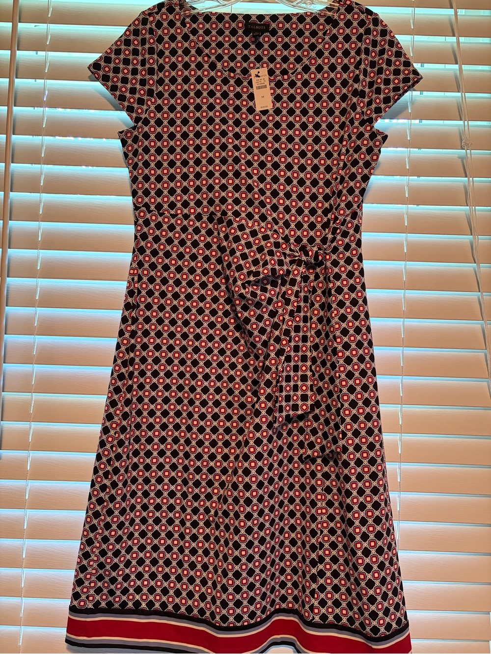 Talbots Navy Geometric Tie-Waist Dress with Red & White Accents